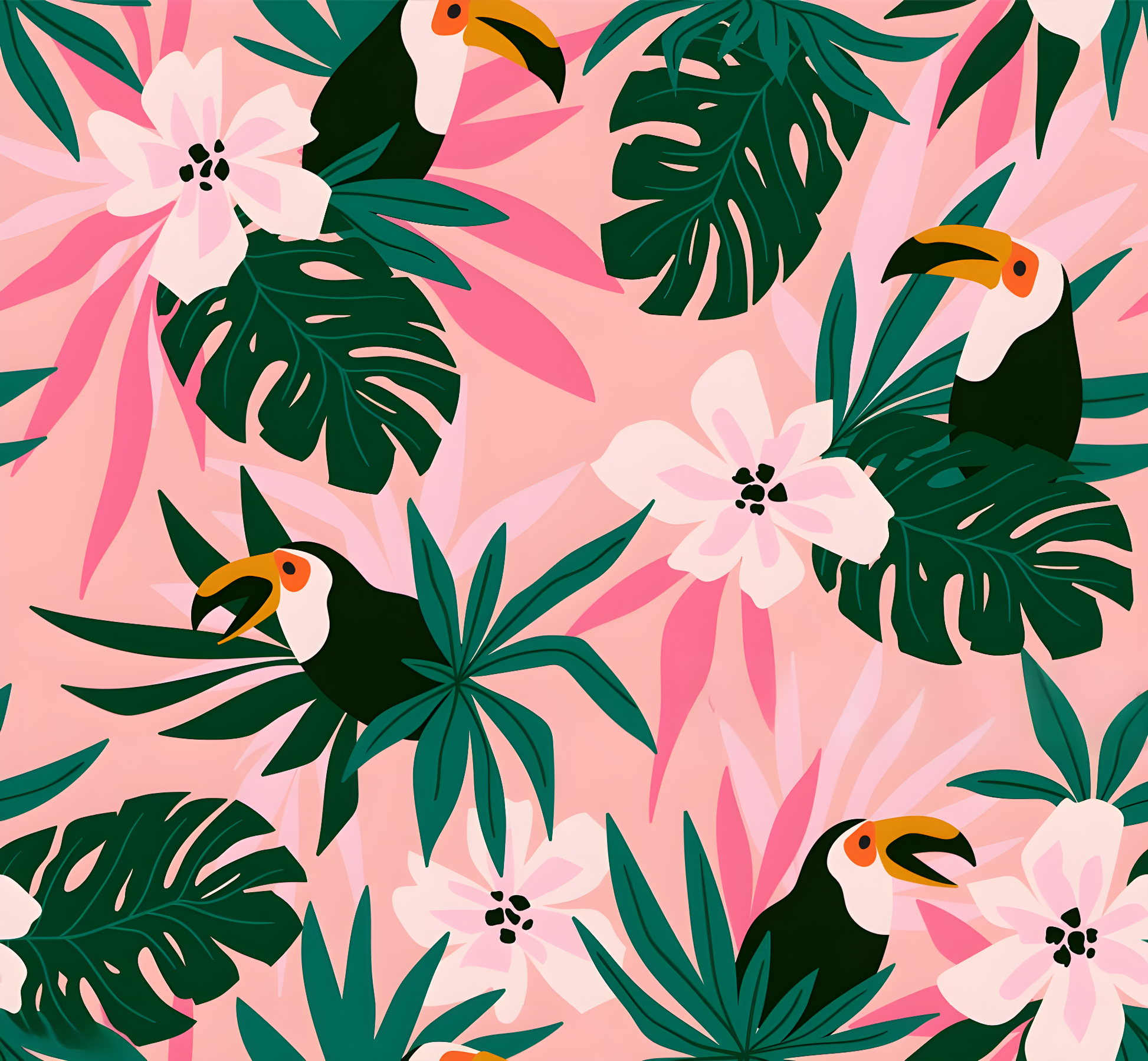Serviette microfibre - Toucan à motifs toucans noirs, feuilles vertes et fleurs roses, pour enfant, vue détaillée.
