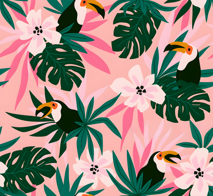 Serviette microfibre - Toucan à motifs toucans noirs, feuilles vertes et fleurs roses, pour enfant, vue détaillée.