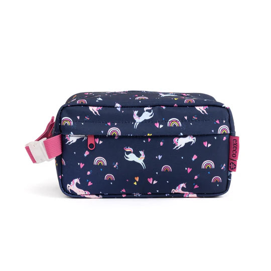 Grand sac à collation congelable - Execo Licorne bleu marine avec motifs licornes roses et arcs-en-ciel, vue de face.