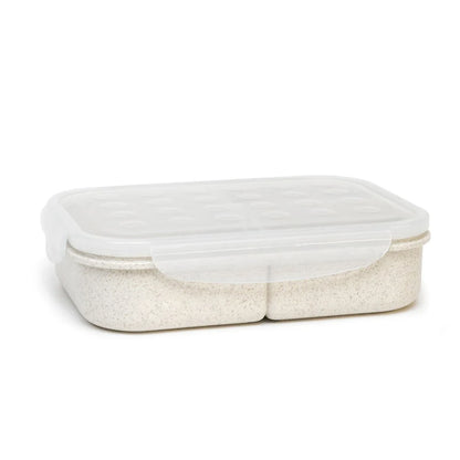 Boite-Repas Biodégradable - Execo Beige en matériau naturel, trois compartiments, couvercle transparent, vue de profil, pour enfant.