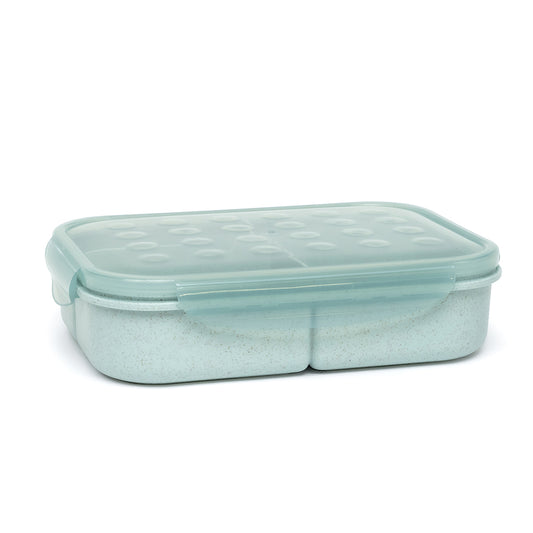 Boite-Repas Biodégradable - Execo Bleu en matière eco-responsable bleu clair, 3 compartiments, vue de profil côté fermé