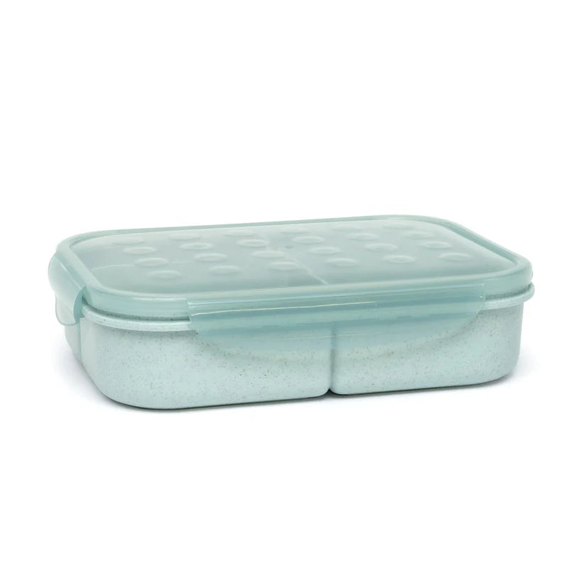 Boite-Repas Biodégradable - Execo Bleu en plastique vert clair avec trois compartiments, vue de face, pour enfant.