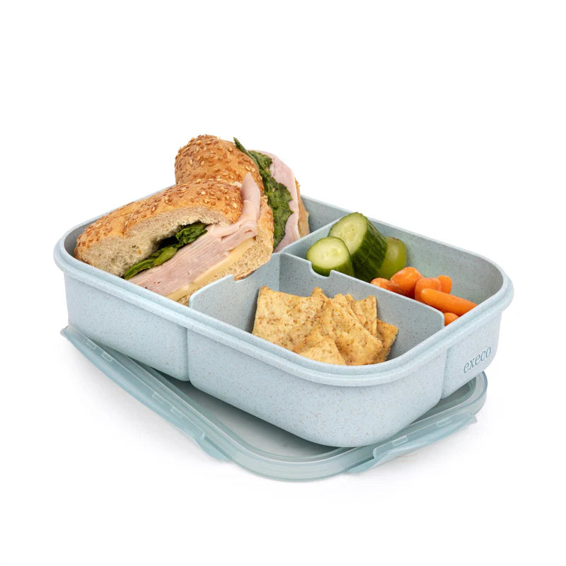 Boite-Repas Biodégradable - Execo Bleu avec trois compartiments, repas varié, vue en plongée, plastique écologique pour enfant