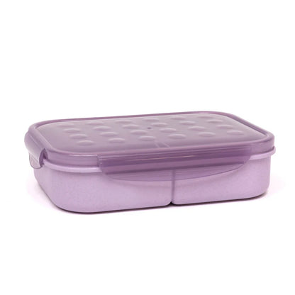Boite-Repas Biodégradable - Execo Mauve avec trois compartiments, plastique durable, pour enfant, vue de profil fermé.