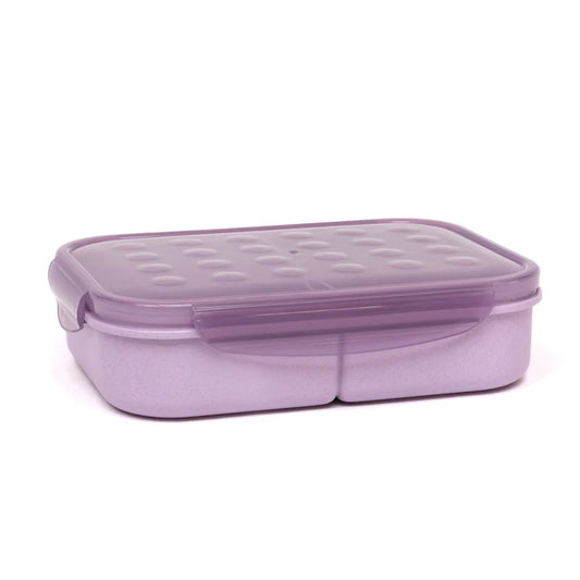 Boite-Repas Biodégradable - Execo Mauve avec trois compartiments, plastique durable, pour enfant, vue de profil fermé.