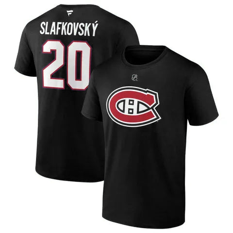 T-Shirt noir en coton - Slafkovsky avec logo sportif rouge et blanc sur le devant, numéro 20 et nom au dos, vue avant et arrière, style casual.