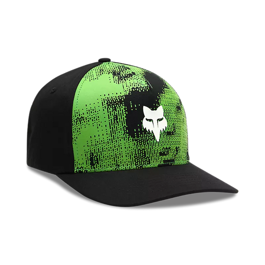 Casquette - Fox forme Flexfit noire et verte avec logo renard blanc en silicone, pour garçon, vue de profil avant.
