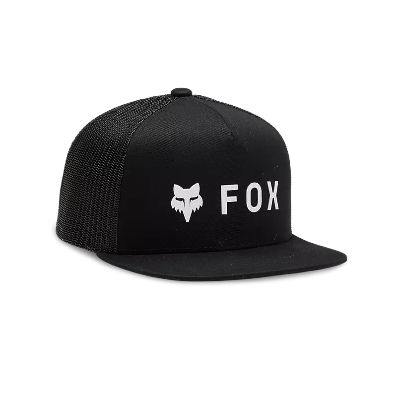 Casquette - Fox noire avec logo renard blanc brodé en 3D et filet arrière, snapback réglable, pour garçon, vue de trois quarts avant.