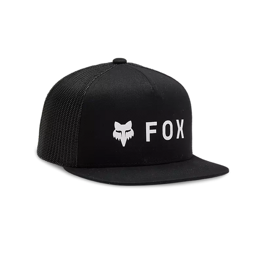 Casquette - Fox noire avec logo renard blanc brodé en 3D et filet arrière, snapback réglable, pour garçon, vue de trois quarts avant.