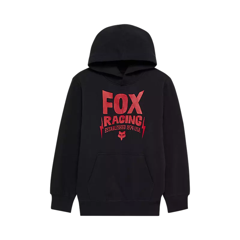 Hoodie - Fox noir avec logo rouge, en molleton coton polyester, style garçon, vue de face avec capuche.