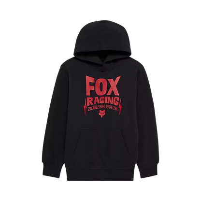 Hoodie - Fox noir avec logo rouge, en molleton coton polyester, style garçon, vue de face avec capuche.