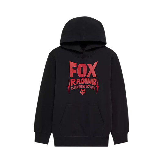 Hoodie - Fox noir avec logo rouge, en molleton coton polyester, style garçon, vue de face avec capuche.
