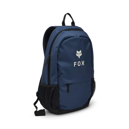 Sac à dos - Fox bleu marine avec logo blanc, poches filet latérales, style scolaire, vue de profil gauche.