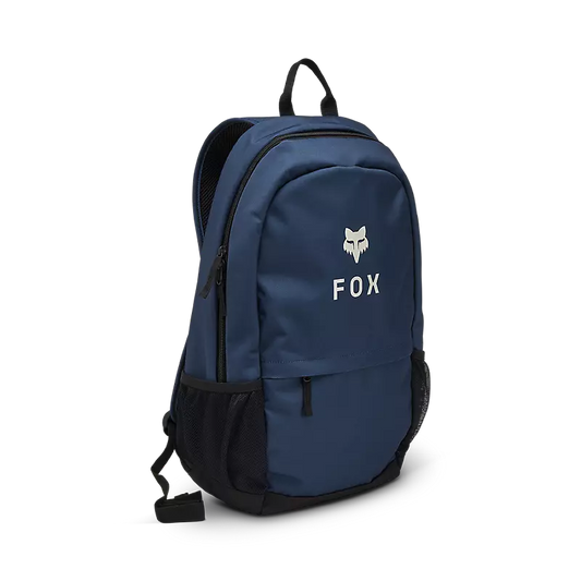 Sac à dos - Fox bleu marine avec logo blanc, poches filet latérales, style scolaire, vue de profil gauche.