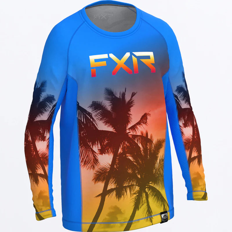 T-Shirt à manches longues UPF Youth Attack - FXR bleu et multicolore avec motif palmiers, mesh léger, pour garçon, vue de face
