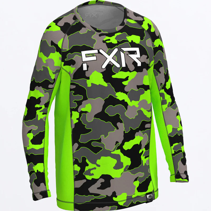 T-Shirt à manches longues UPF Youth Attack - FXR camouflage vert fluo, noir et gris, textile respirant, pour garçon, vue de face.