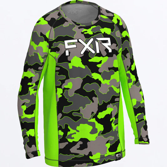 T-Shirt à manches longues UPF Youth Attack - FXR camouflage vert fluo, noir et gris, textile respirant, pour garçon, vue de face.