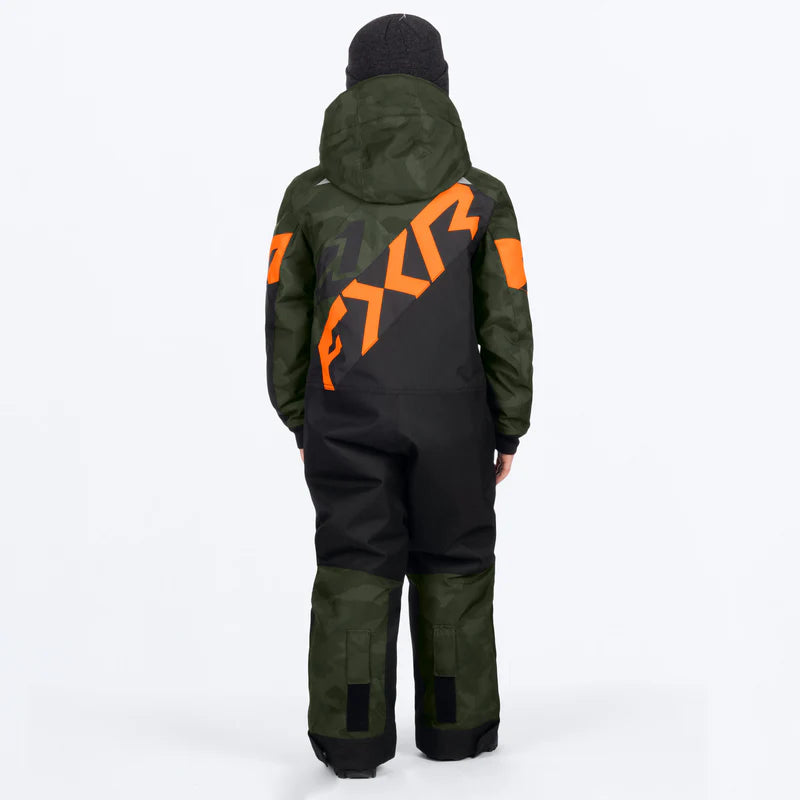 Habit de neige Child Cold Cross CX - FXR garçon vert foncé et noir avec lettrage orange, vue de dos, tissu polyester résistant