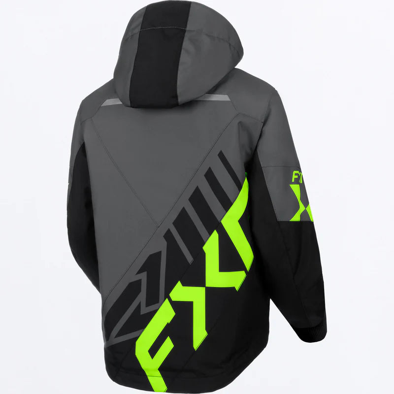 Manteau d'hiver Child Cold Cross CX - FXR noir et gris avec logo jaune fluo, isolé, capuche, pour garçon, vue de dos.