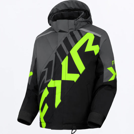 Manteau d'hiver Child Cold Cross CX - FXR noir et gris avec grand lettrage jaune fluo, capuche, pour garçon, vue de face