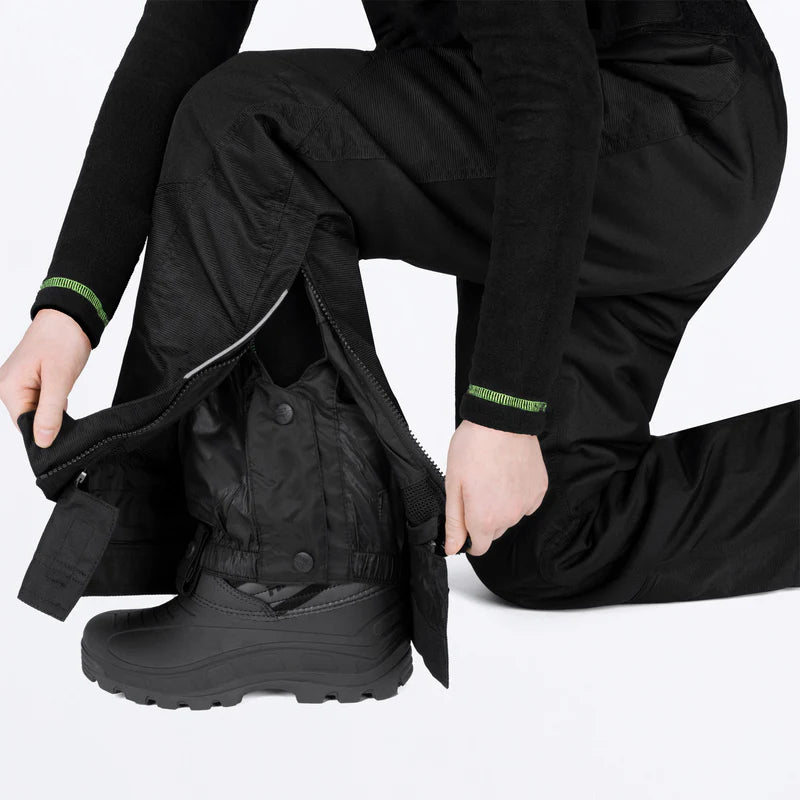Salopette de neige Excursion Ice Pro - FXR noire en nylon polyester avec renforts, détail fermeture éclair bas, vue gros plan jambes