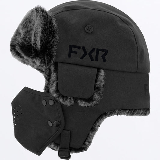 Tuque d'hiver - FXR noire en toile coton avec fausse fourrure grise, masque amovible, vue de profil droit