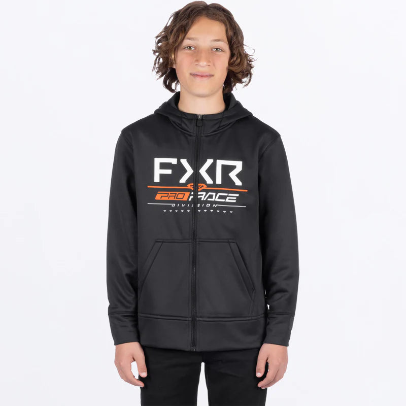 Veste - FXR noire à capuche avec logo blanc et orange, zip avant, tissu polyester, pour garçon, vue de face portée