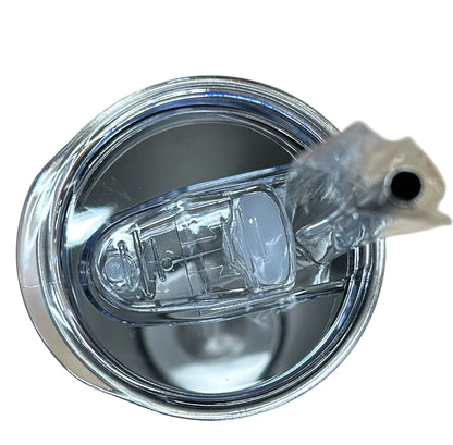 Bouteille isotherme - Gallagher vue de dessus avec couvercle transparent et paille pliable en plastique clair