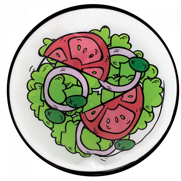 Blocs réfrigérants - Geo Salade rond avec illustration salade verte, tomates rouges, oignons violets et olives vertes, vue de dessus.
