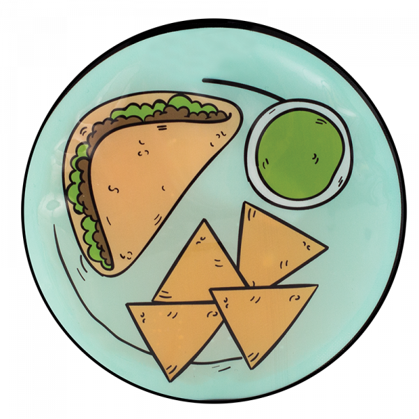 Blocs réfrigérants - Geo Tacos ronds bleu clair avec illustration tacos, chips triangulaires et sauce verte, vue de dessus