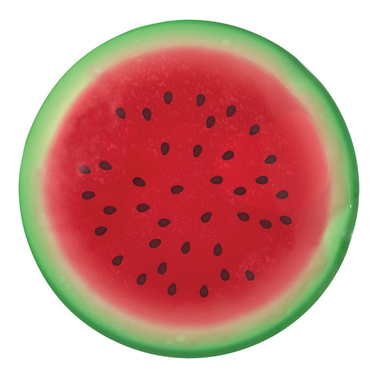 Blocs réfrigérants - Geo Melon d'eau rond rouge et vert, détail des graines noires, vue de dessus plate 15cm X 15cm.