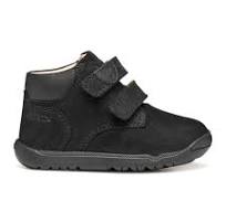 Chaussures Macchia - Geox noires en cuir avec fermeture à scratchs, semelle souple, pour enfant, vue de profil droit.