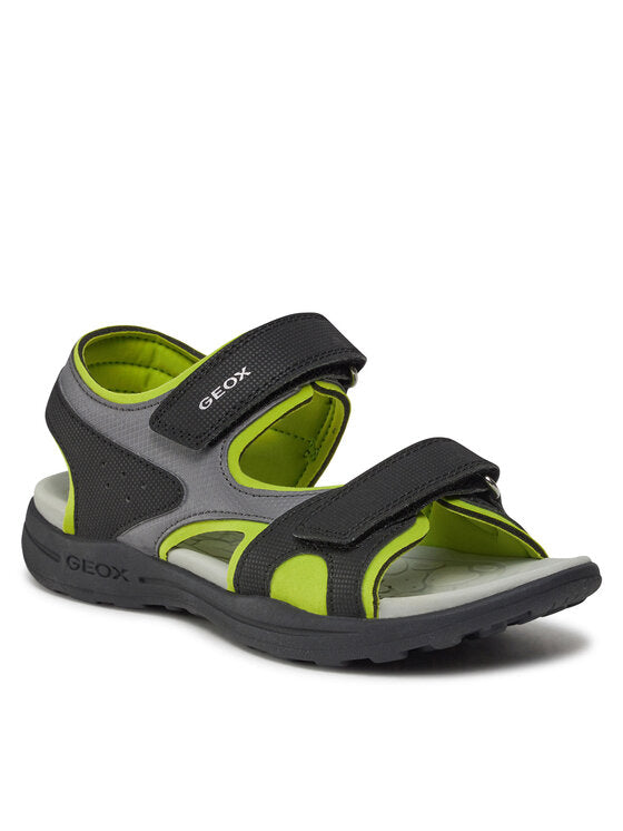 Sandales - Vaniett Geox enfant en tissu noir et gris avec intérieur vert, fermeture à scratch, vue de profil droit.