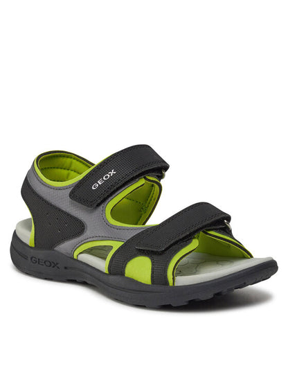 Sandales - Vaniett Geox enfant en tissu noir et gris avec intérieur vert, fermeture à scratch, vue de profil droit.