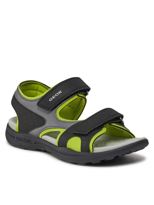 Sandales - Vaniett Geox enfant en tissu noir et gris avec intérieur vert, fermeture à scratch, vue de profil droit.
