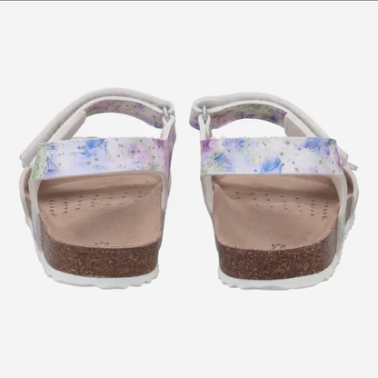Sandales - Adriel Geox pour fille, blanc et motifs floraux violets, vue arrière des semelles en liège et synthétique.