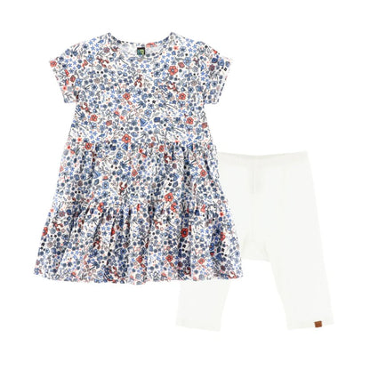 Ensemble robe deux-pièces -Nanö, robe imprimée fleurie à manches courtes et leggings blancs 3/4 en jersey côtelé.