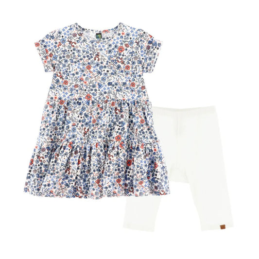 Ensemble robe deux-pièces -Nanö, robe imprimée fleurie à manches courtes et leggings blancs 3/4 en jersey côtelé.