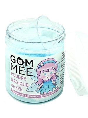 Pot transparent ouvert contenant la POUDRE MAGIQUE DE FÉE 200G | GOMMEE bleue, étiquette avec fée rose et bleue, vue de face.