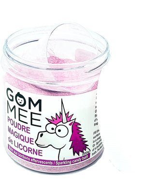 POUDRE MAGIQUE DE LICORNE 200G | GOMMEE pot transparent avec poudre rose et étiquette blanche, vue de face