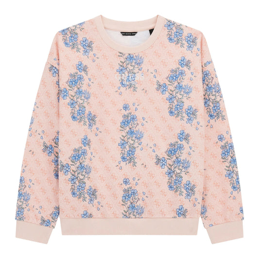 Chandail - Guess rose pâle à fleurs bleues, coton, manches longues, pour fille, vue de face.