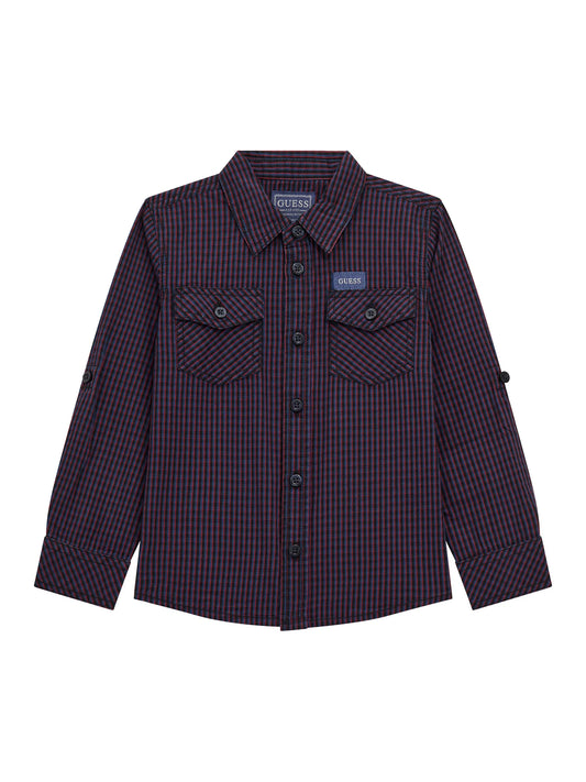 Chemise - Guess à carreaux bleu marine et rouge en coton, manches longues, pour garçon, vue de face.