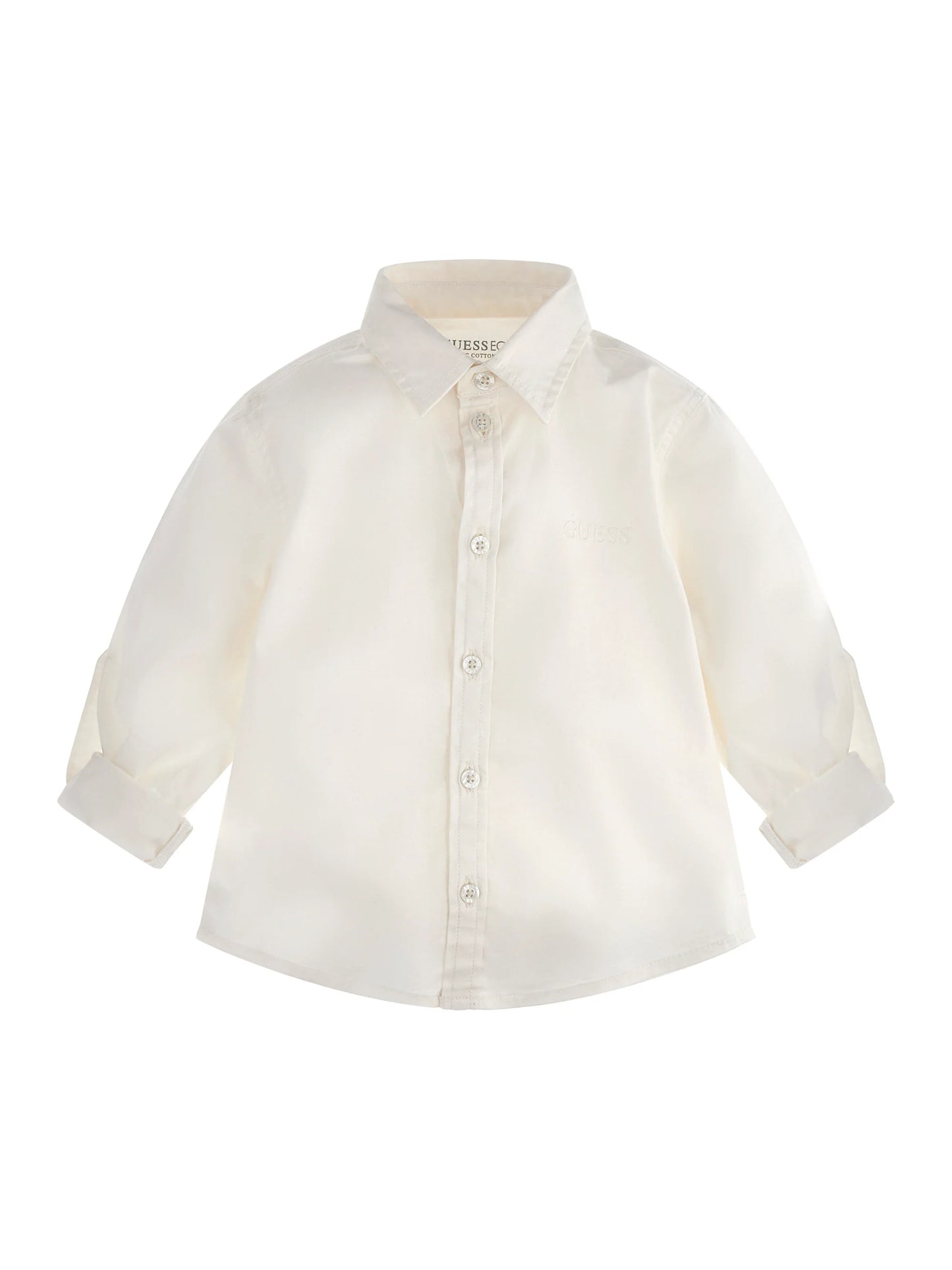 Chemise - Guess blanche en coton et élasthanne, manches longues retroussées, pour garçon, vue de face.