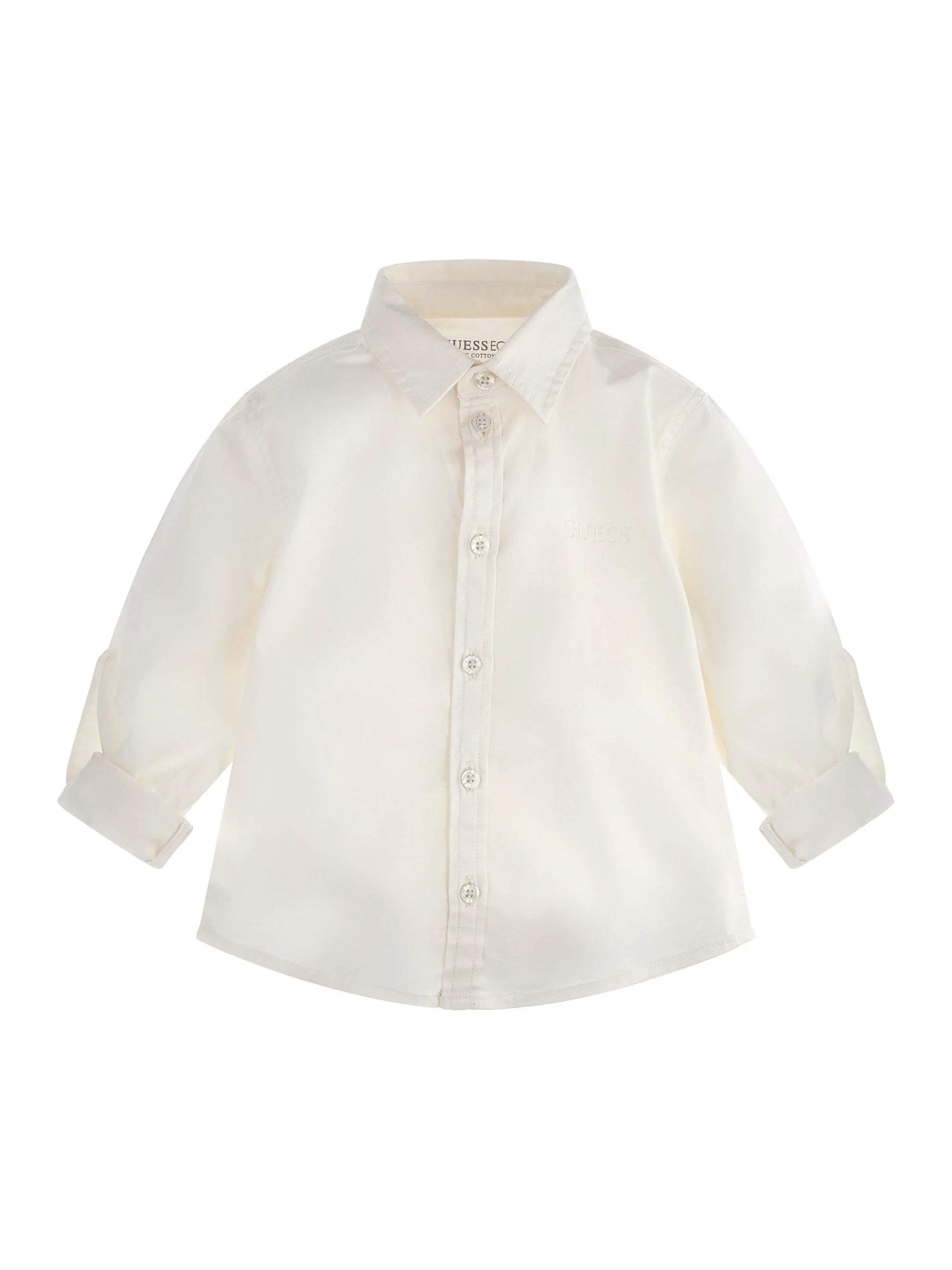 Chemise - Guess blanche en coton et élasthanne, manches longues retroussées, pour garçon, vue de face.