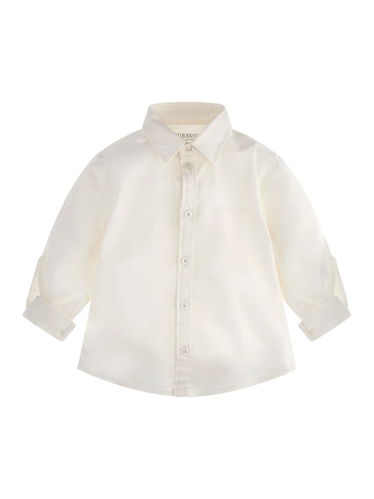 Chemise - Guess blanche en coton et élasthanne, manches longues retroussées, pour garçon, vue de face.