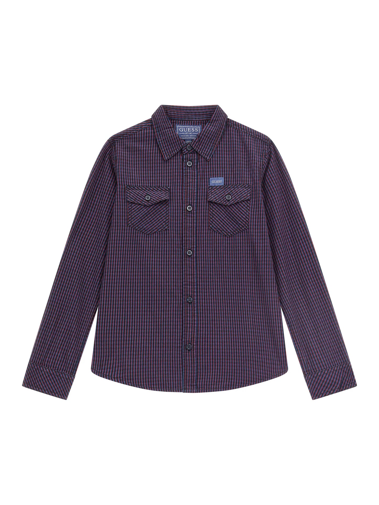 Chemise - Guess garçon à manches longues en coton à carreaux rouges et noirs, style classique, vue de face.