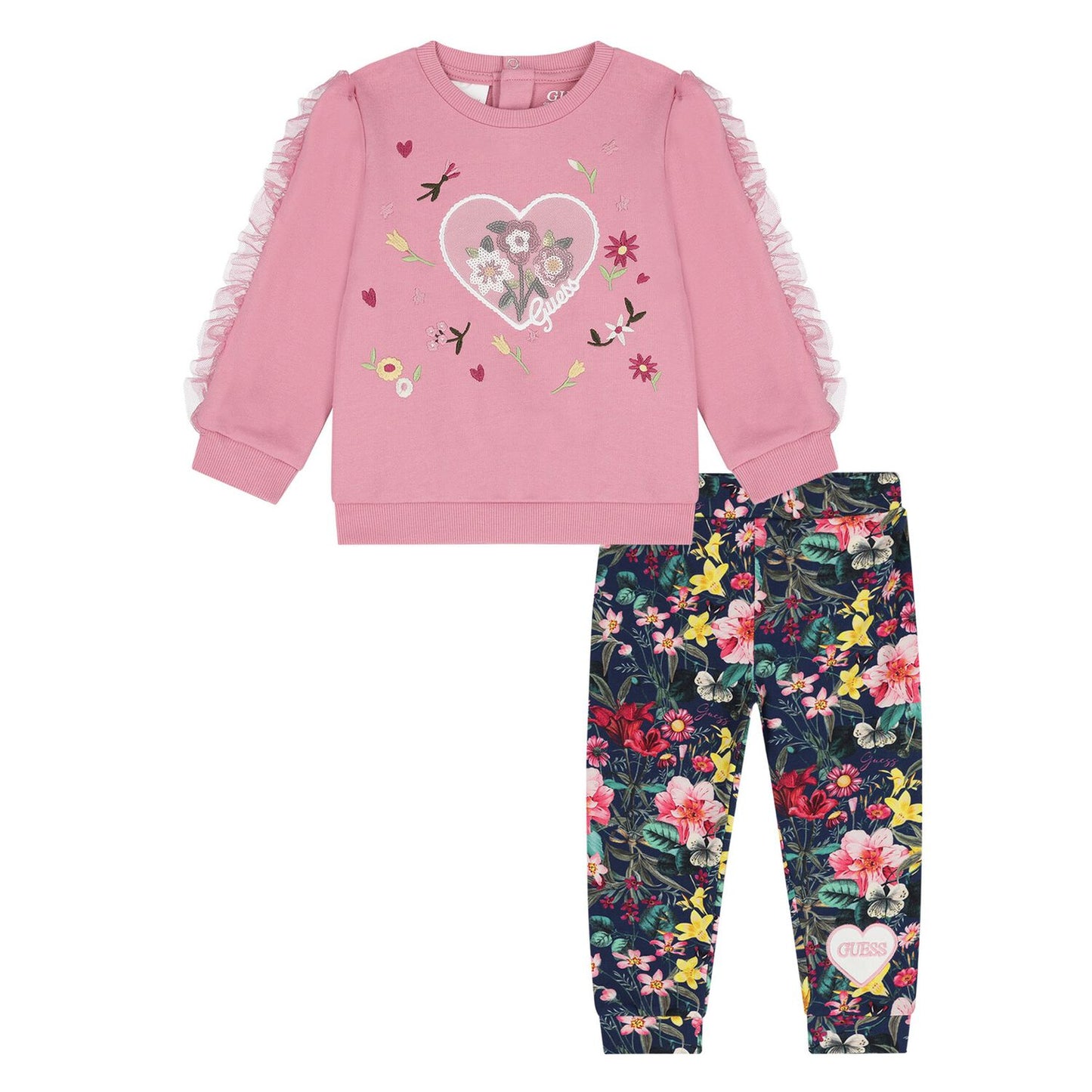 Ensemble - Guess fille avec sweat rose à détails dentelle et pantalon bleu marine avec imprimé floral coloré, vue de face