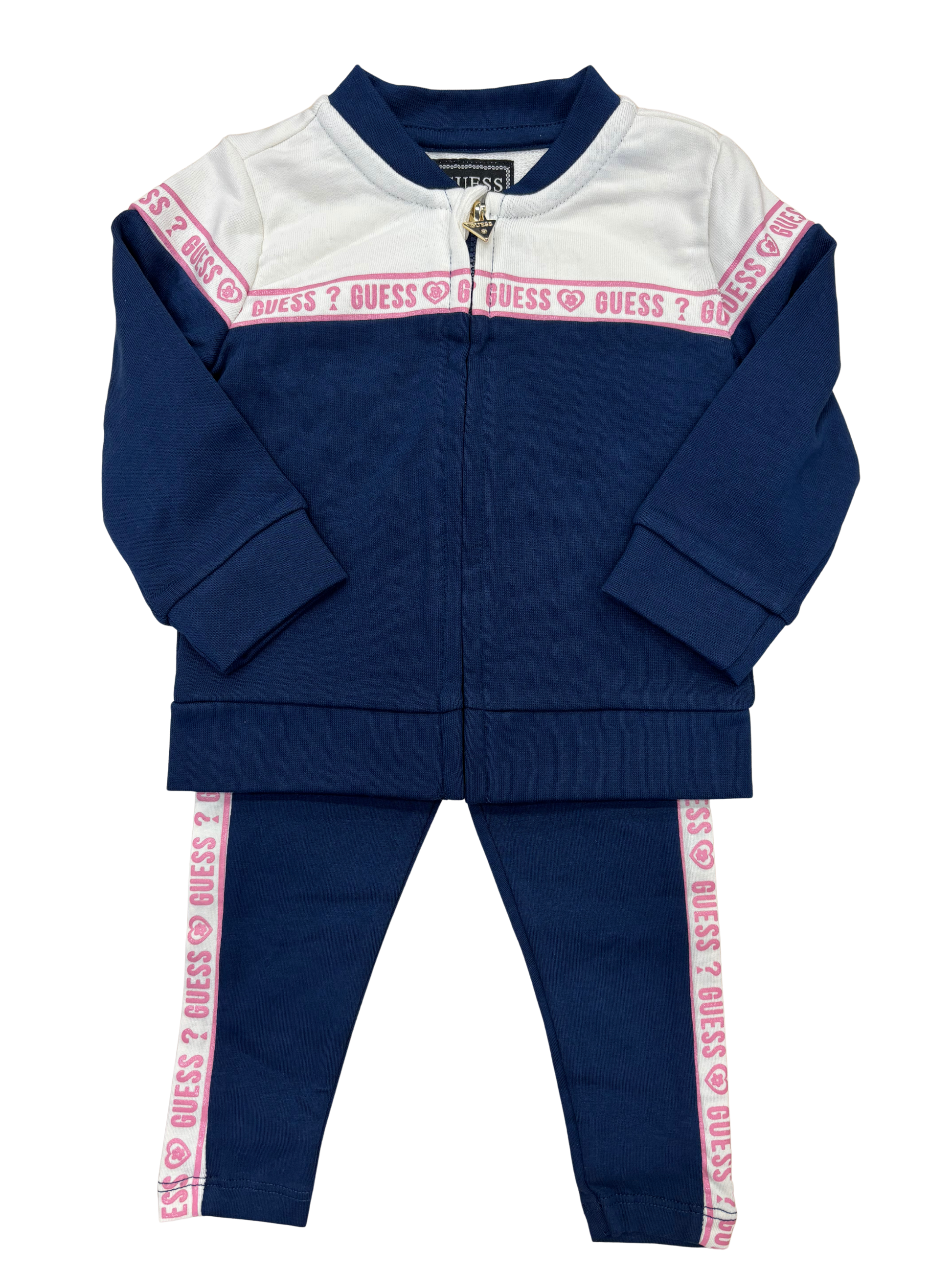 Ensemble - Guess fille bleu marine et blanc avec bande rose logo, sweat zippé et legging, vue de face.