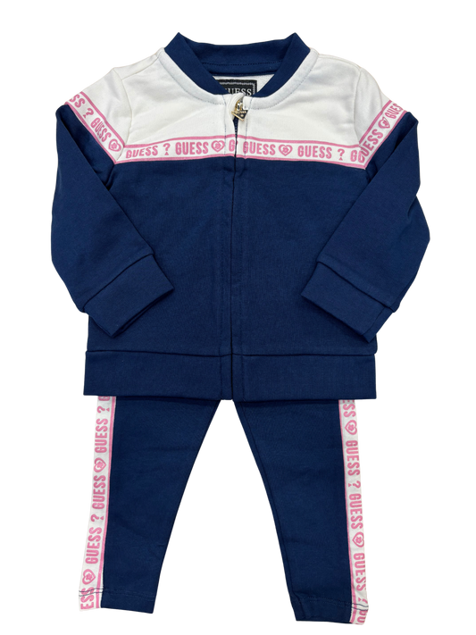 Ensemble - Guess fille bleu marine et blanc avec bande rose logo, sweat zippé et legging, vue de face.
