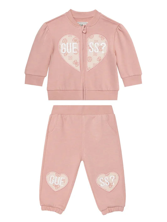 Ensemble - Guess rose en molleton avec motifs cœurs blancs et roses, pour fille, veste zippée et pantalon, vue de face